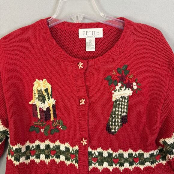 Christmas Sweater Women Petite Sz Sm Cardigan Embroidered Festive Holiday Party - Picture 4 of 15